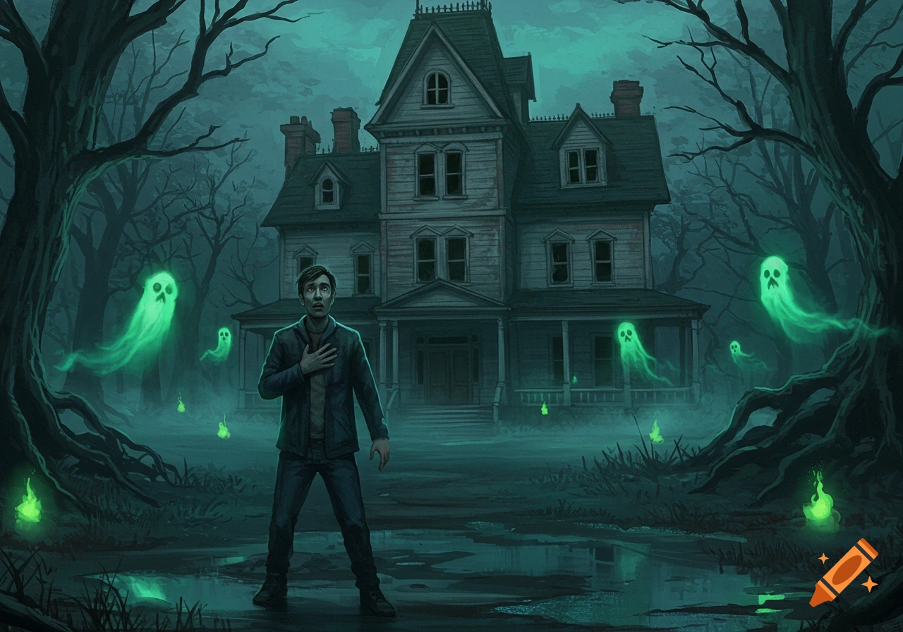 Frightened man standing before a haunted house with glowing green ghosts in a dark, misty forest, digital illustration.