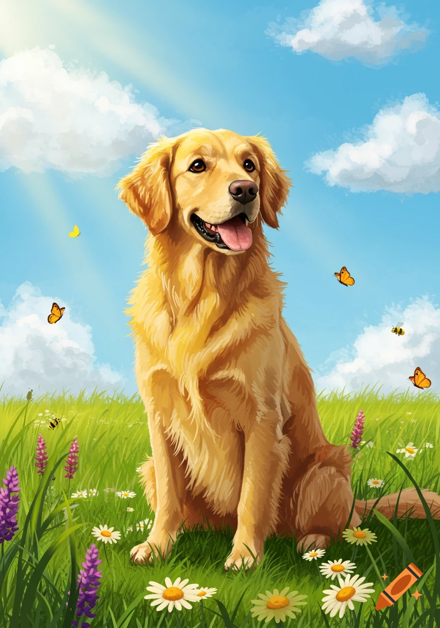 Illustrated golden retriever sitting in a sunny field of green grass and flowers, with butterflies and bees.