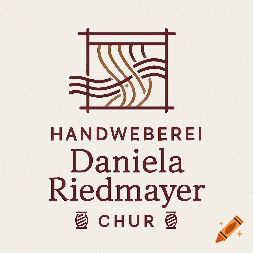 Modern logo for Daniela Riedmayer Handweberei in Chur, featuring weaving patterns in brown and gold with text.