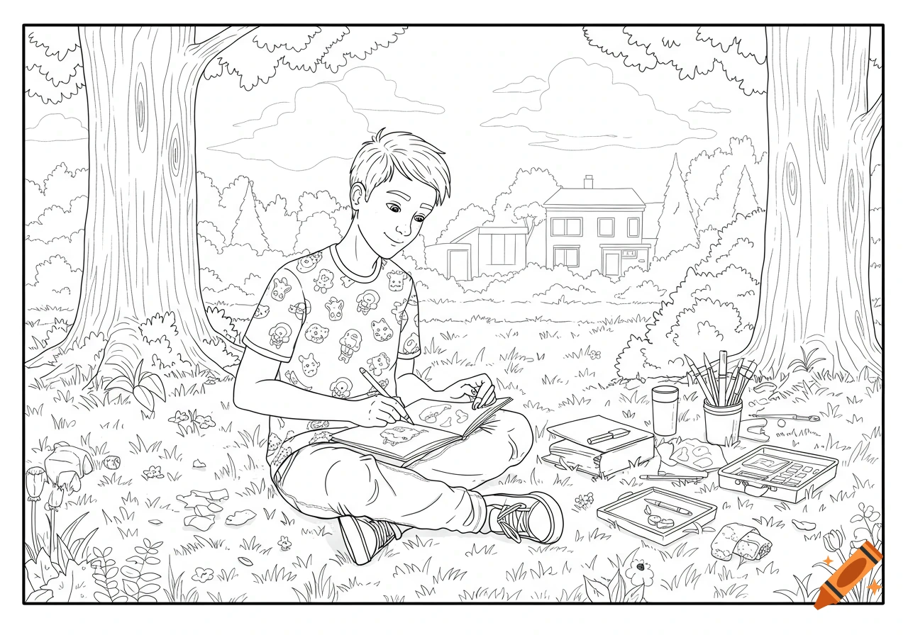 Line art coloring page of a teenage boy drawing in a sketchbook while sitting on the grass outdoors, with art supplies nearby and a house in the background.