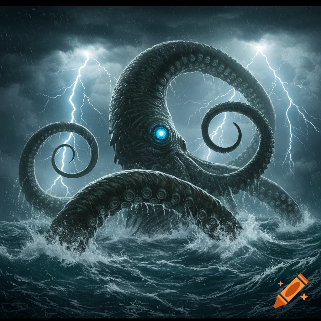A colossal dark kraken with a glowing blue eye emerges from stormy, choppy seas under a lightning-filled sky.