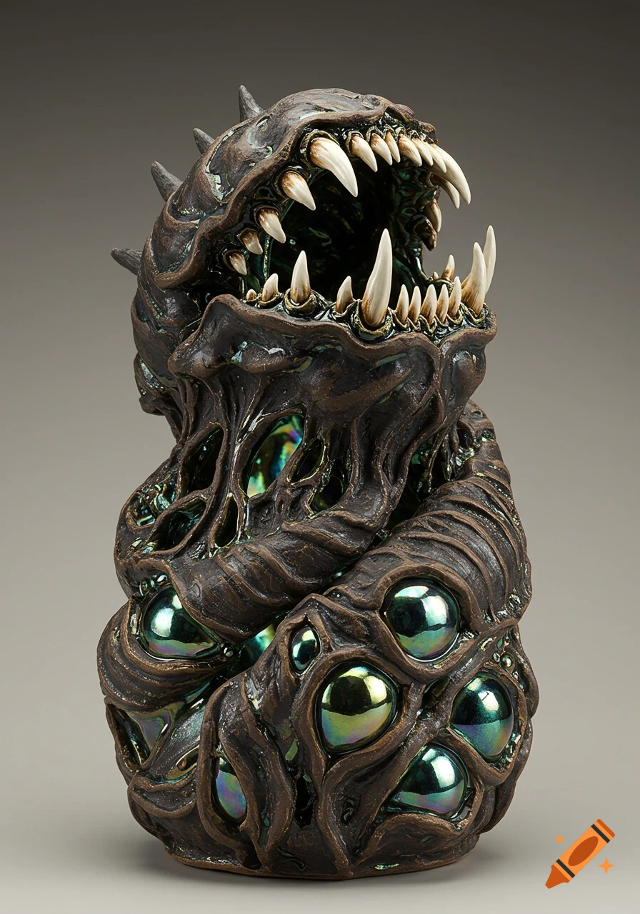 A dark brown biomorphic ceramic sculpture with a large open mouth showing sharp teeth and iridescent green eye-like textures.