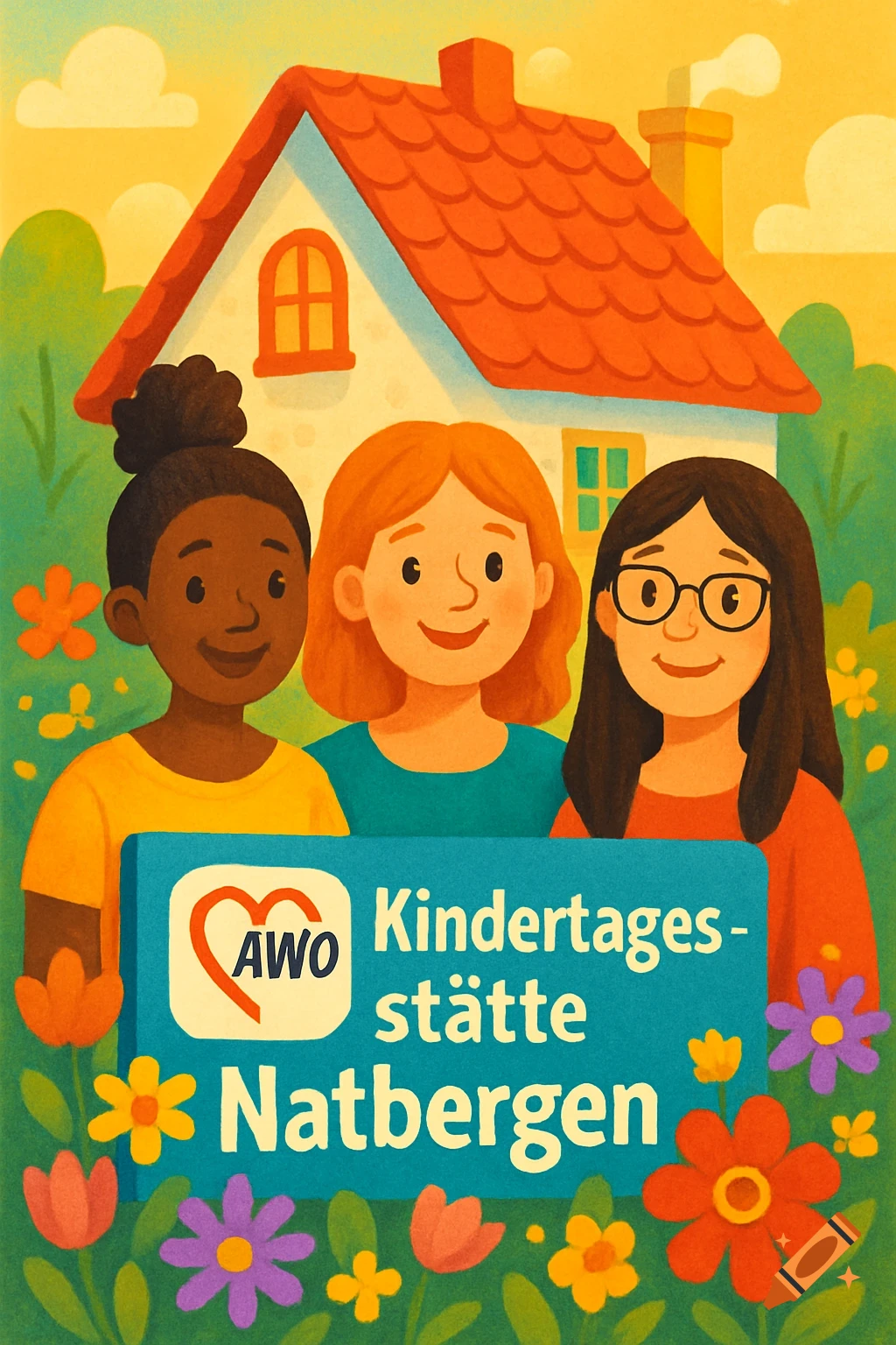 Digital illustration of three women smiling in front of a house with a sign reading 'AWO Kindertagesstätte Natbergen' surrounded by colorful flowers.