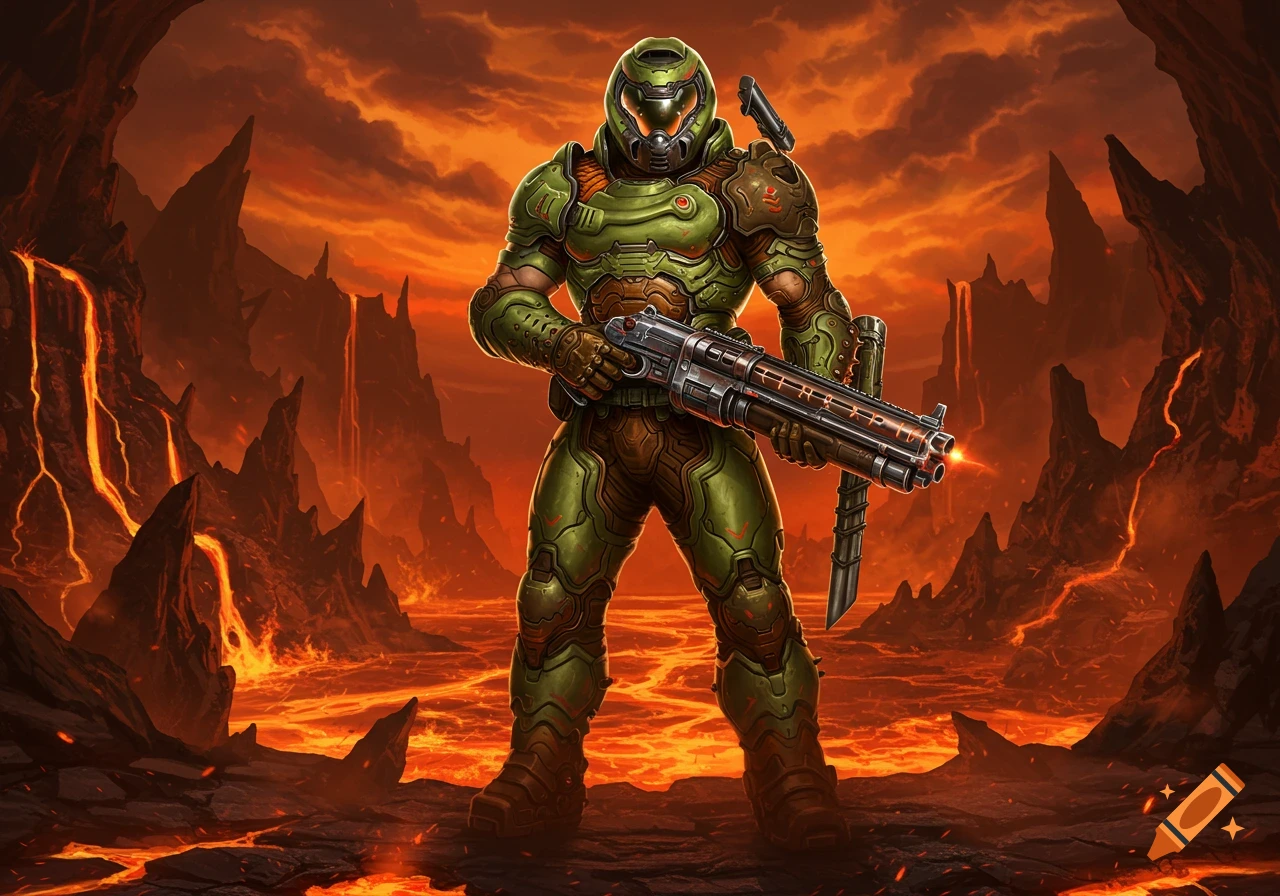 The Doom Slayer in green power armor holds a shotgun, standing in a fiery, volcanic landscape under an orange sky.