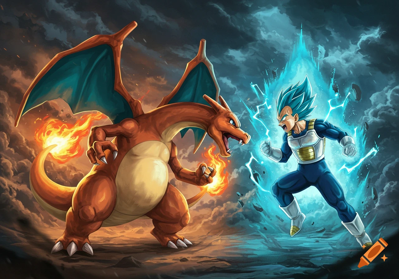 Charizard with fiery fists battles Super Saiyan Blue Vegeta surrounded by electric blue energy in a dramatic anime style.