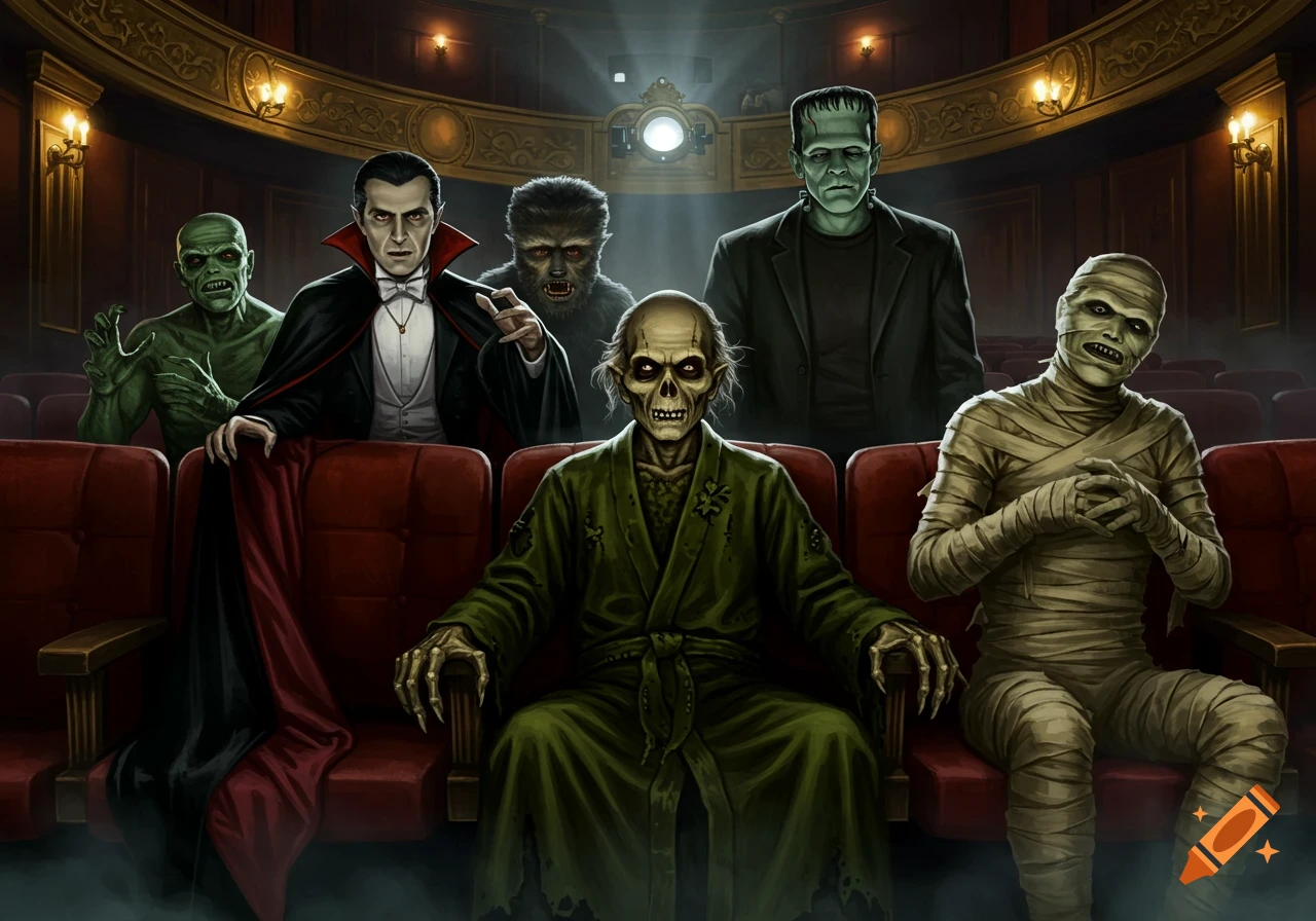 Classic monsters including Dracula, Frankenstein, a werewolf, mummy, and zombie watching a movie in an ornate theater.