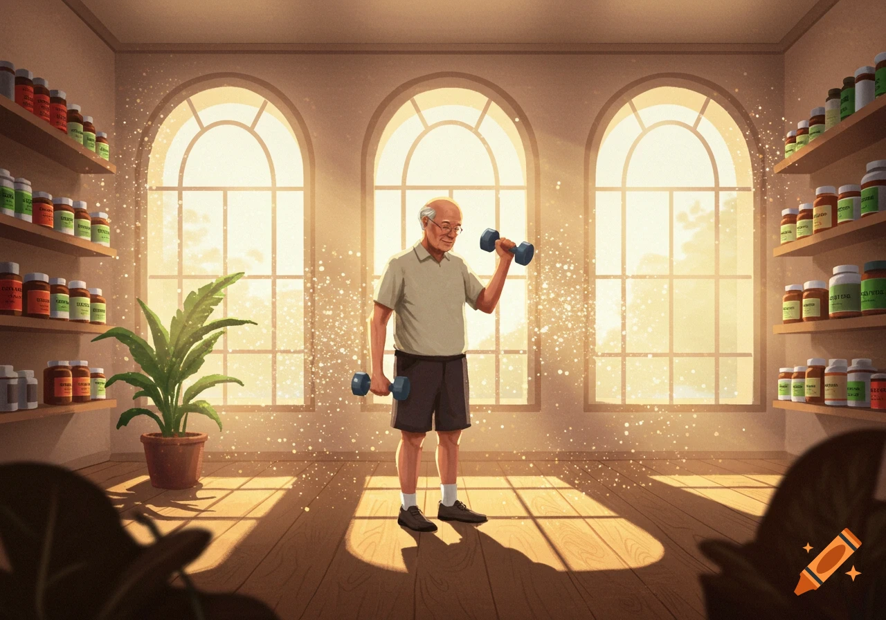 Illustration of an elderly man lifting dumbbells in a sunlit room with supplement shelves.