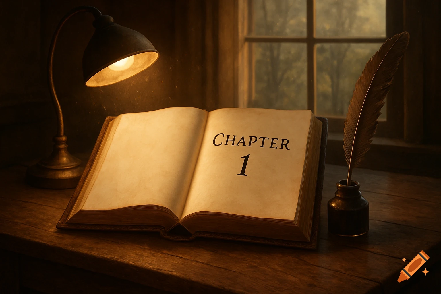 An open book with 'CHAPTER 1' on the right page, next to an inkwell with a quill and a lit lamp on a wooden table near a window.