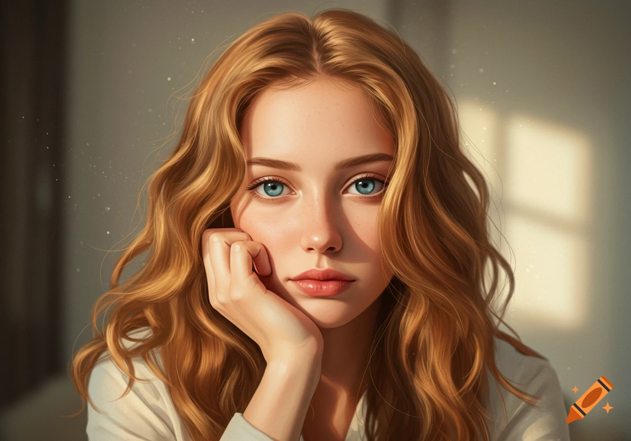 A young woman with strawberry blonde hair and striking blue eyes rests her chin on her hand, gazing at the camera in soft light.