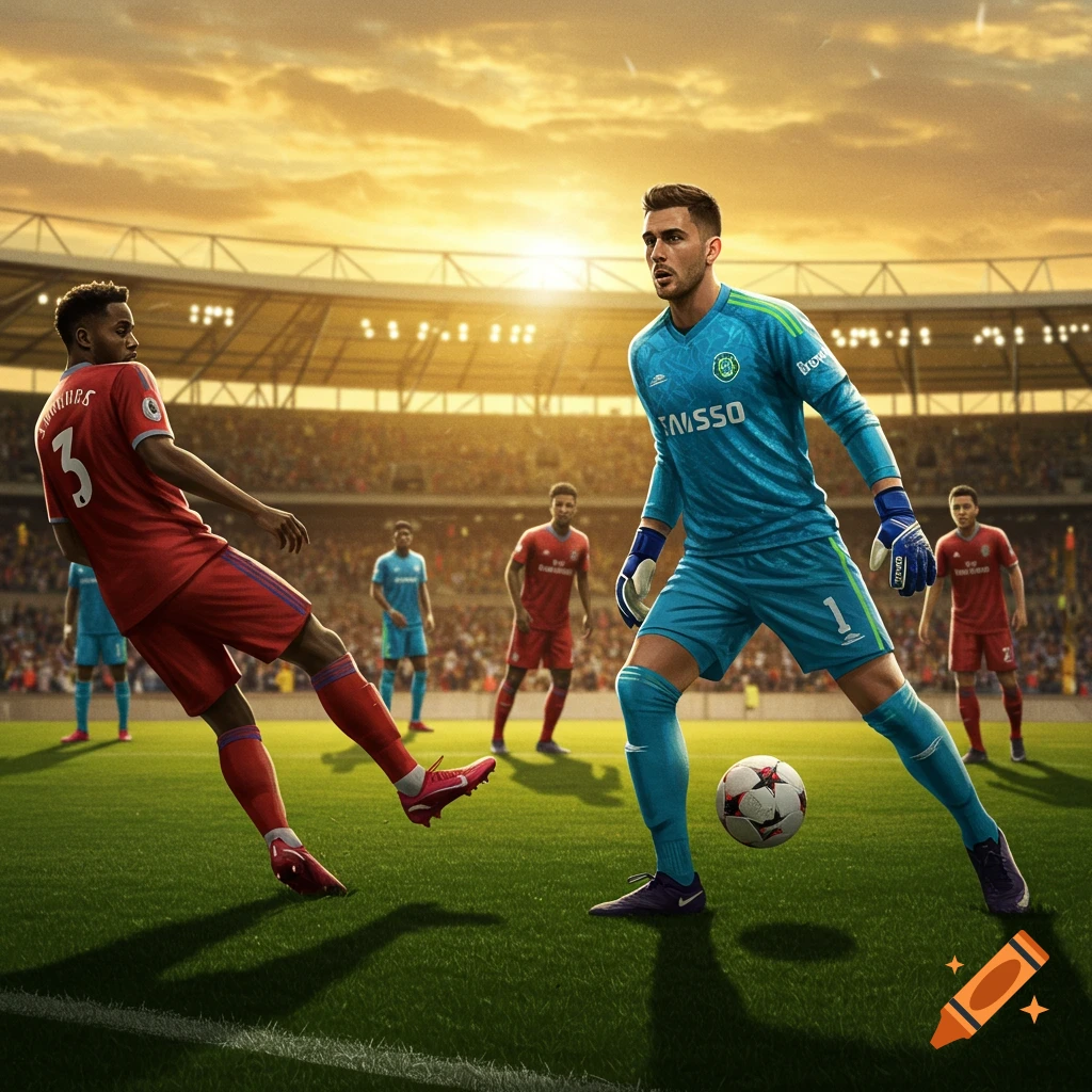 A photorealistic image of a football match with a player in red about to kick the ball past a goalkeeper in blue in a stadium.
