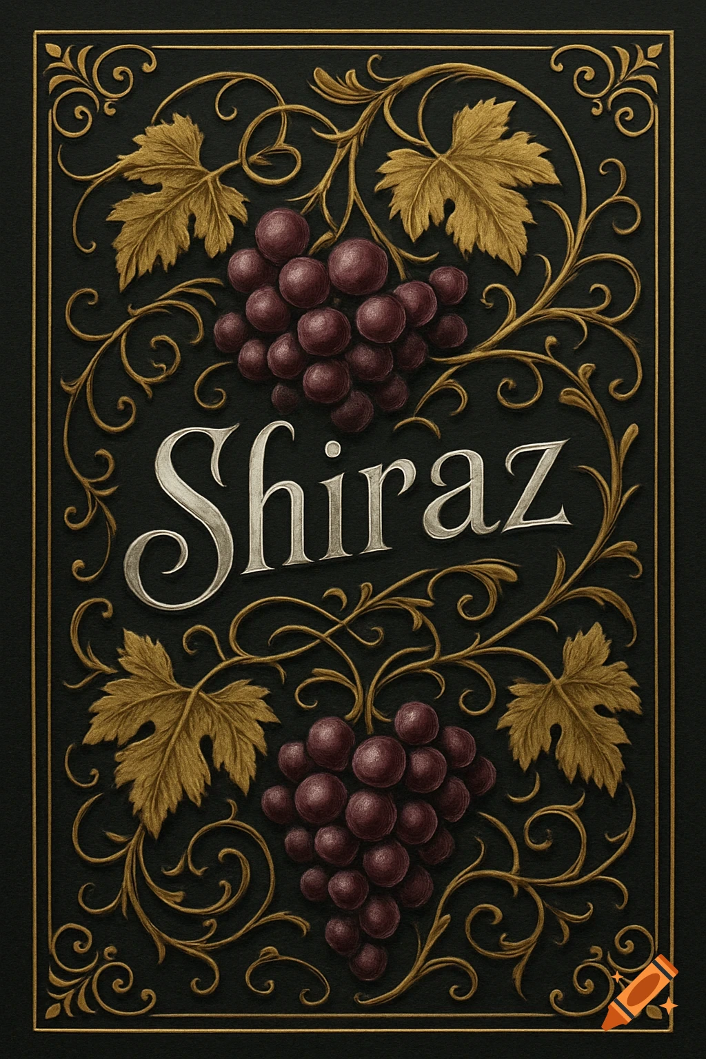 Ornate dark wine label with golden filigree, clusters of red grapes, and the word 'Shiraz' in elegant silver font.