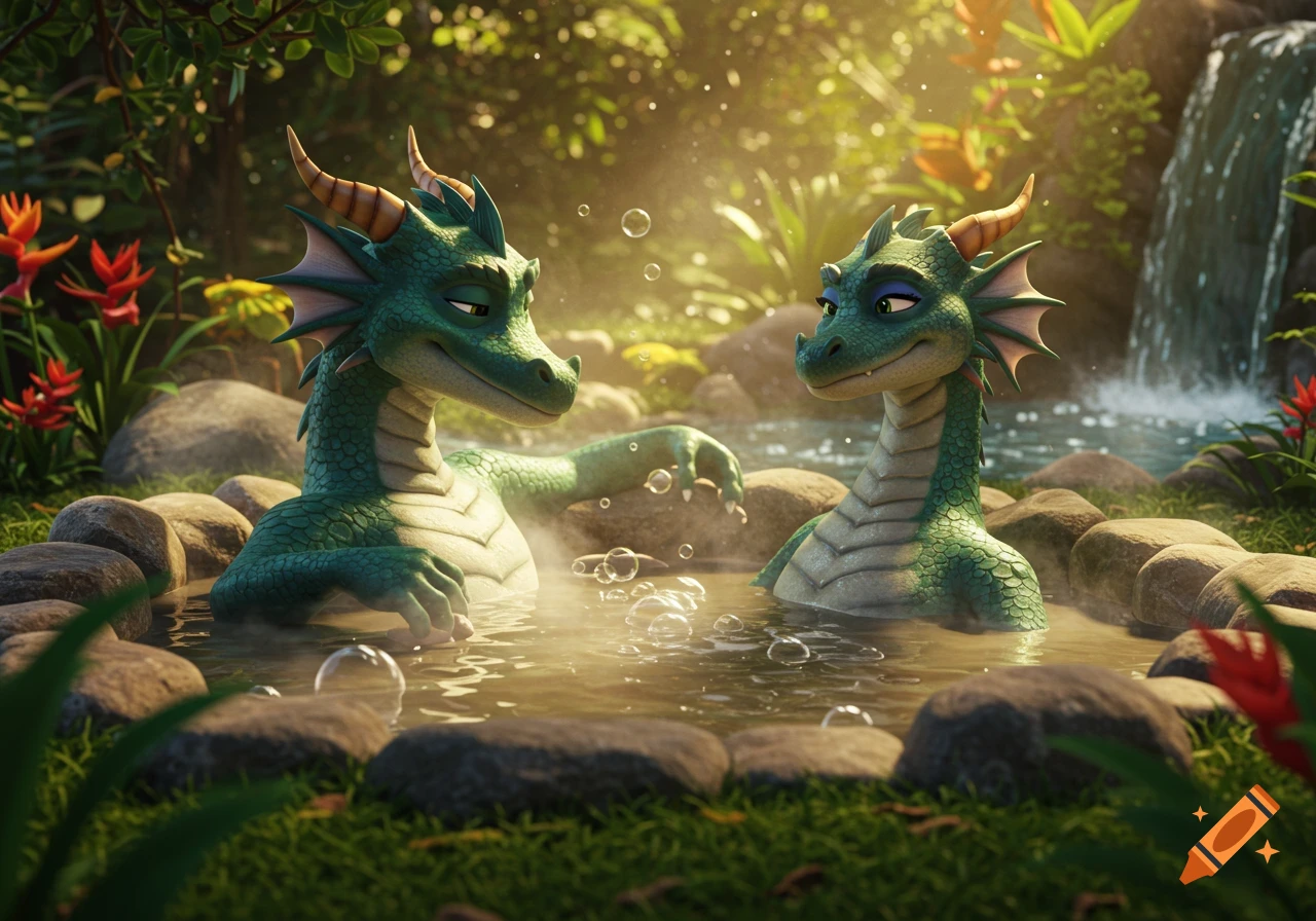 Two animated green dragons relax in a steamy hot spring surrounded by jungle foliage and a waterfall.