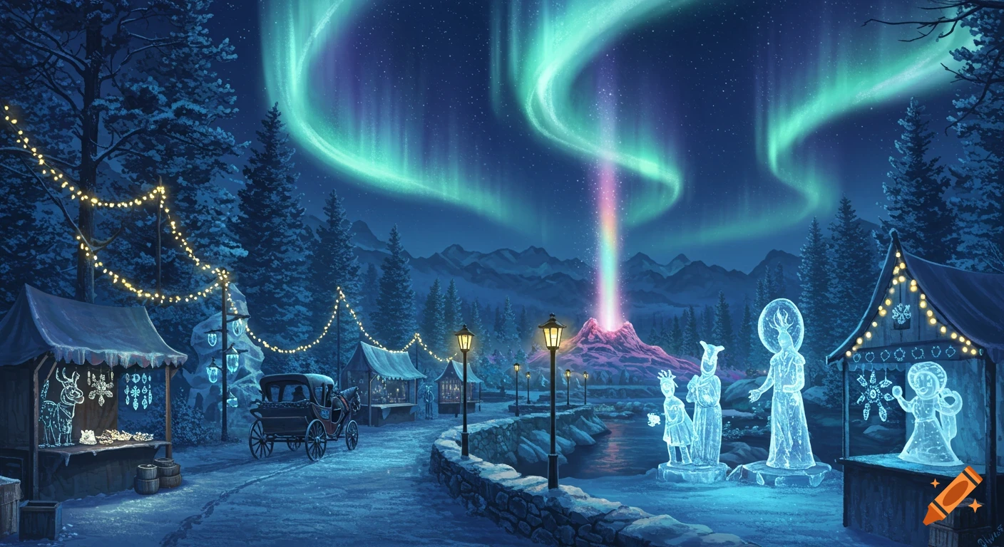 A magical winter landscape with market stalls, a carriage, and ice sculptures under a sky filled with aurora borealis and a glowing volcano.