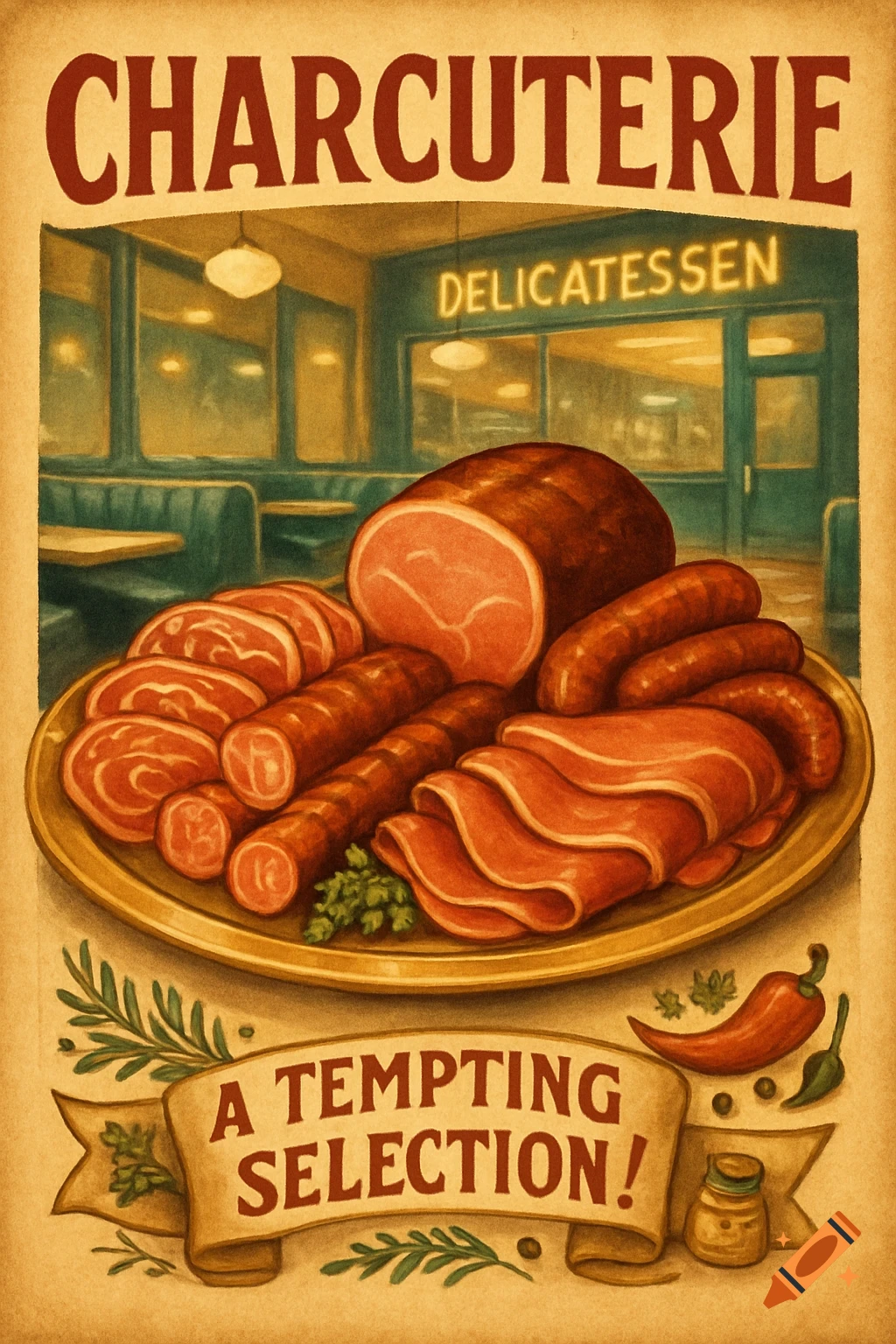 A vintage 1950s-style poster advertising charcuterie, featuring a platter of various meats and sausages with a deli storefront in the background.