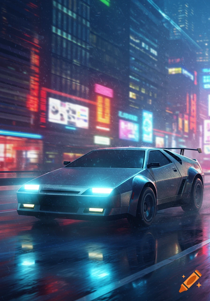 A sleek, futuristic car drives on a wet, neon-lit city street at night in a cyberpunk style.