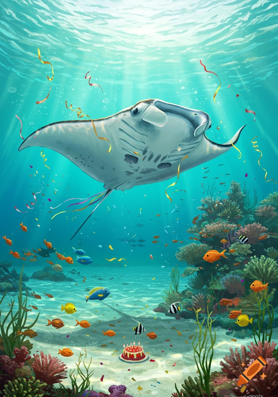 A manta ray swims above a birthday cake surrounded by colorful fish and coral in a vibrant underwater scene with confetti.
