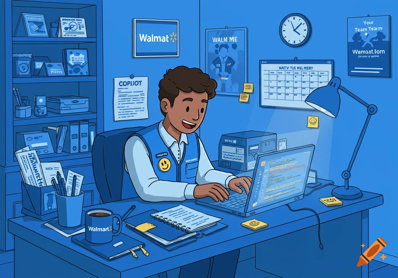 A cartoon Walmart associate with dark skin and hair works on a laptop at a blue desk in an office setting, surrounded by documents and a coffee mug.