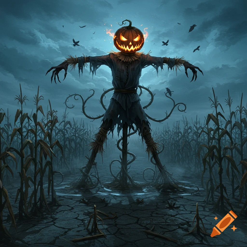 A glowing jack-o'-lantern-headed scarecrow stands menacingly in a desolate cornfield under a stormy night sky with crows.