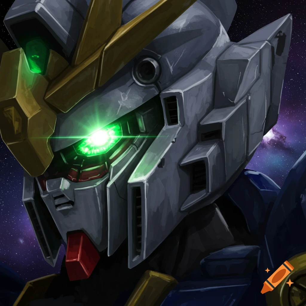 Close-up of a gray and gold Gundam robot head with a single glowing green eye against a starry space background.
