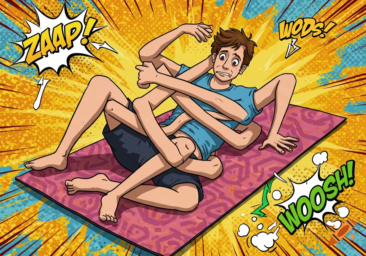 Comic illustration of a young man with multiple limbs tangled in a messy knot on a pink yoga mat, looking distressed. Sound effects like "ZAAP!" and "WOOSH!" are present.