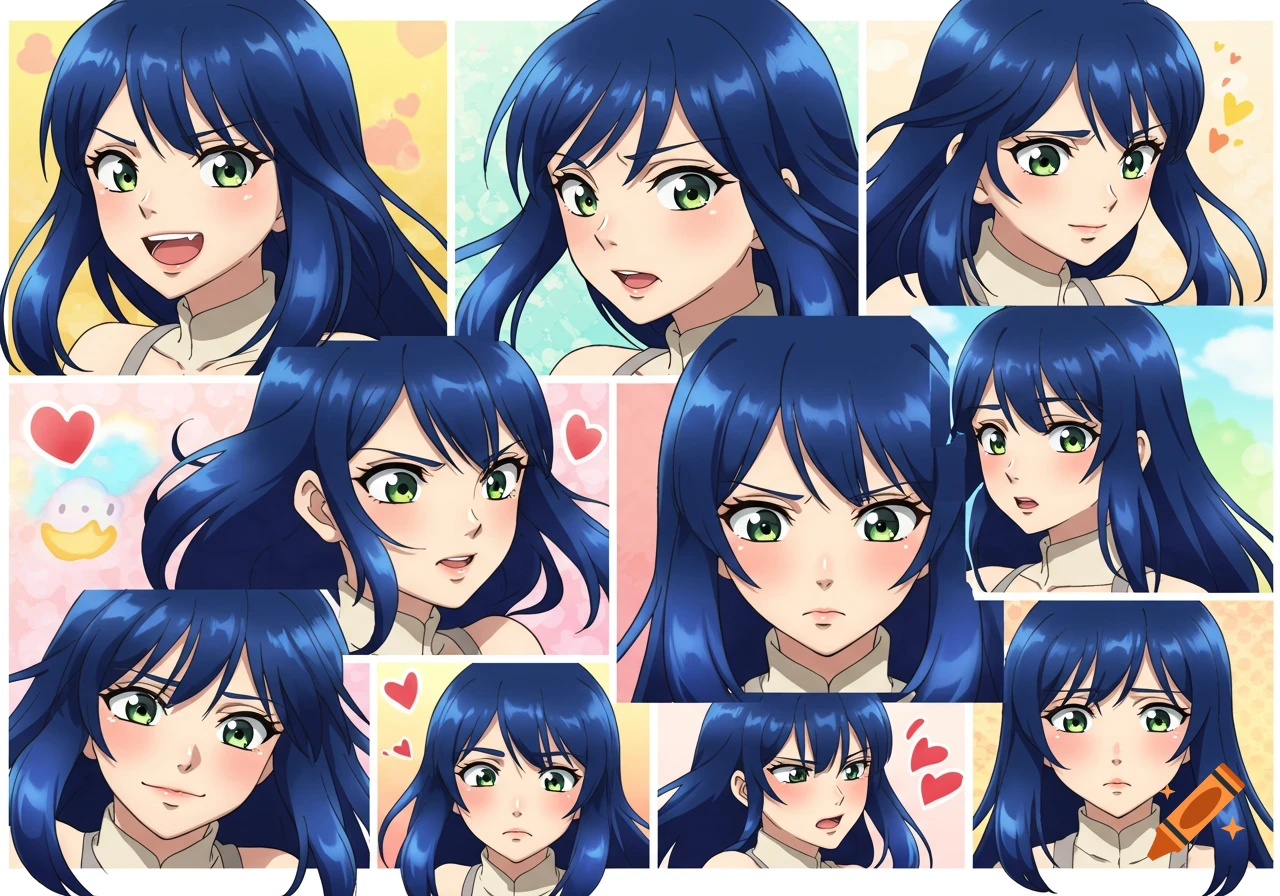 Collage of nine anime girl portraits with dark blue hair and green eyes, showing different expressions on pastel backgrounds.