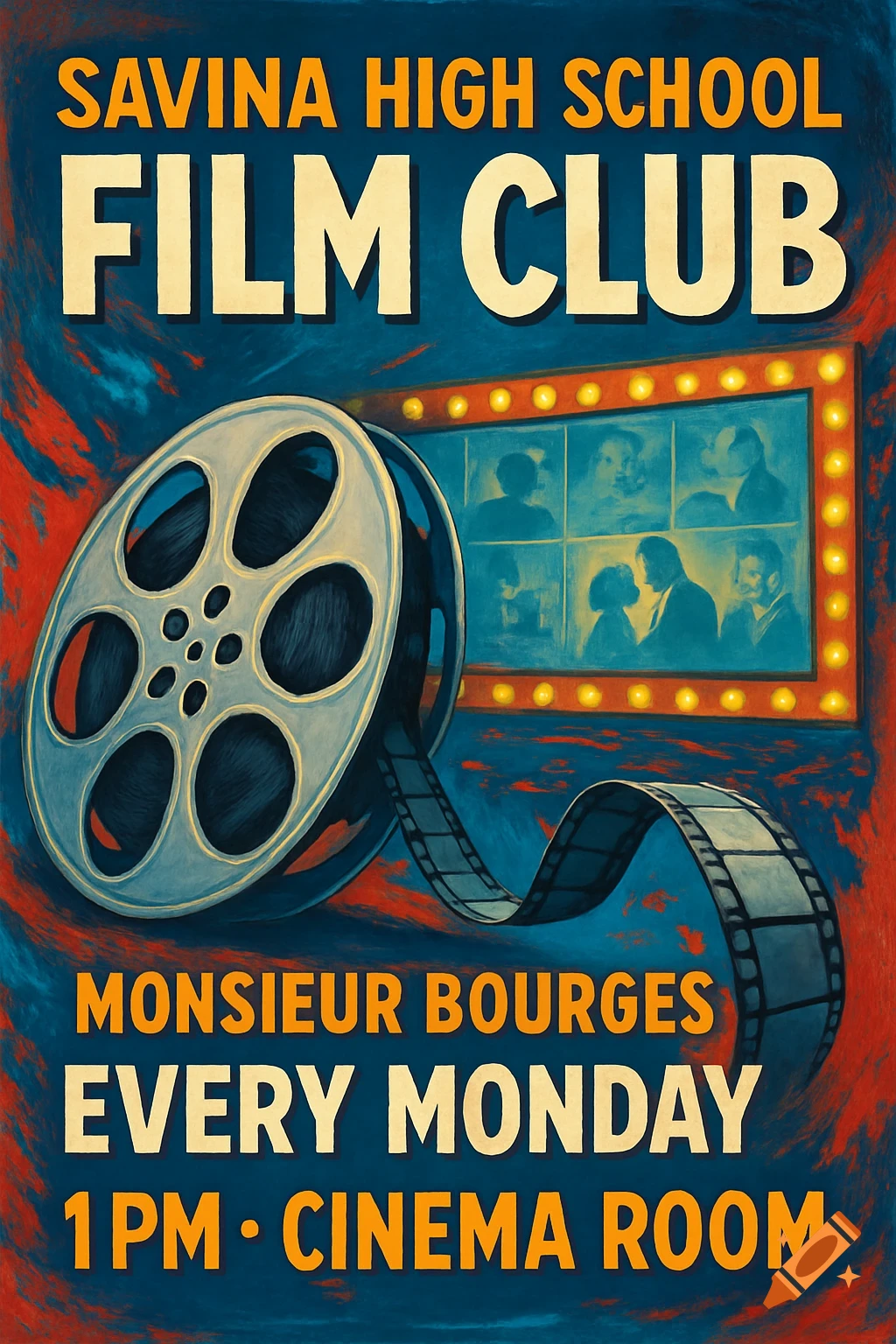 A vintage-style poster for Savina High School Film Club, featuring a film reel and a screen displaying movie stills, with event details.
