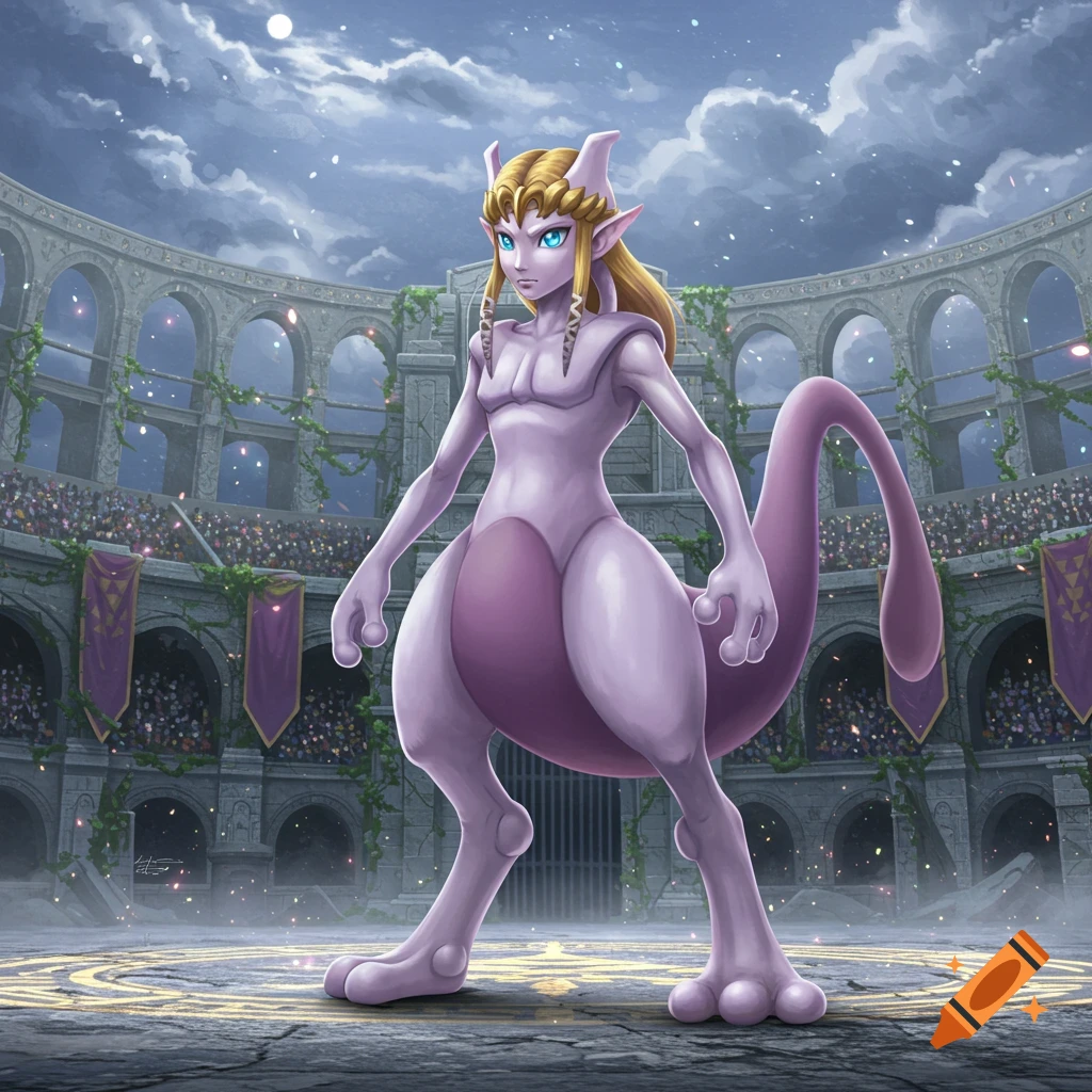 A purple, humanoid Zelda-Mewtwo hybrid character with blonde hair stands in a large, ancient arena under a night sky.