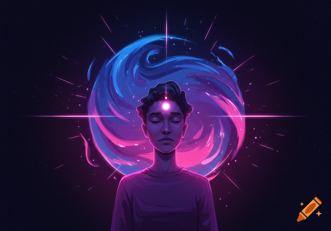 Stylized illustration of a person meditating with a glowing third eye, surrounded by a vibrant blue and pink cosmic aura.