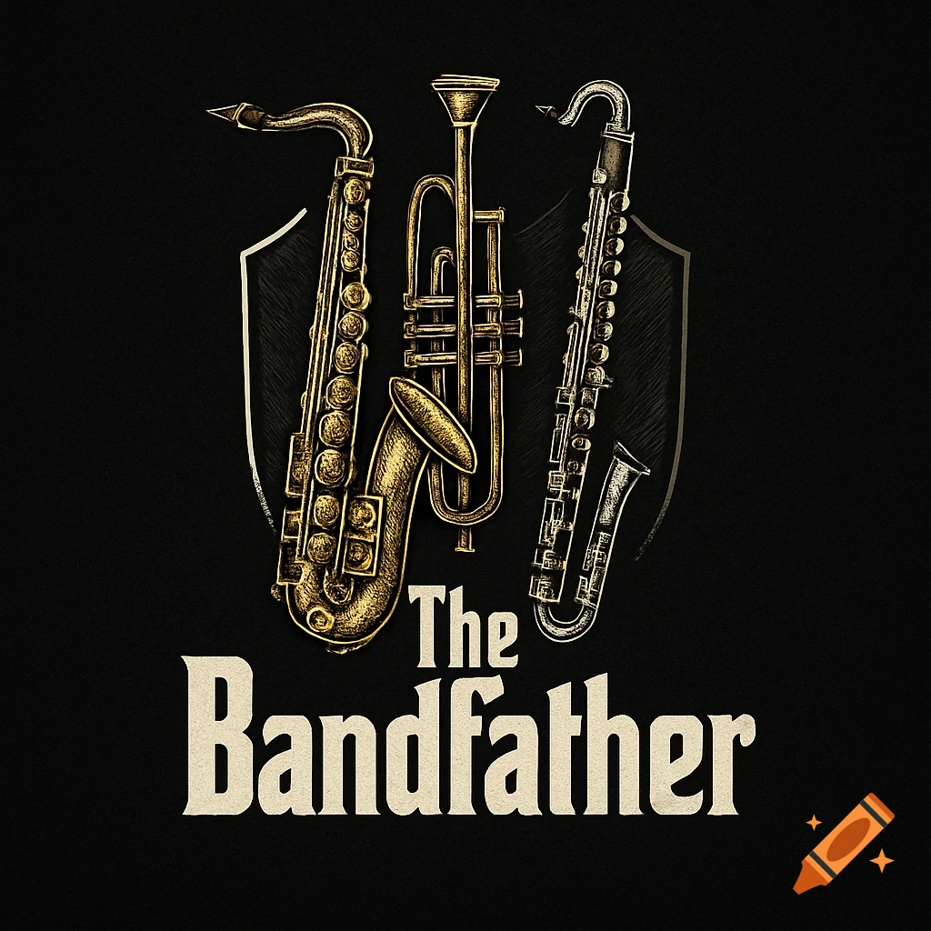 Stylized logo of a gold saxophone, trumpet, and a silver bass clarinet above the text 'The Bandfather' on a black background.