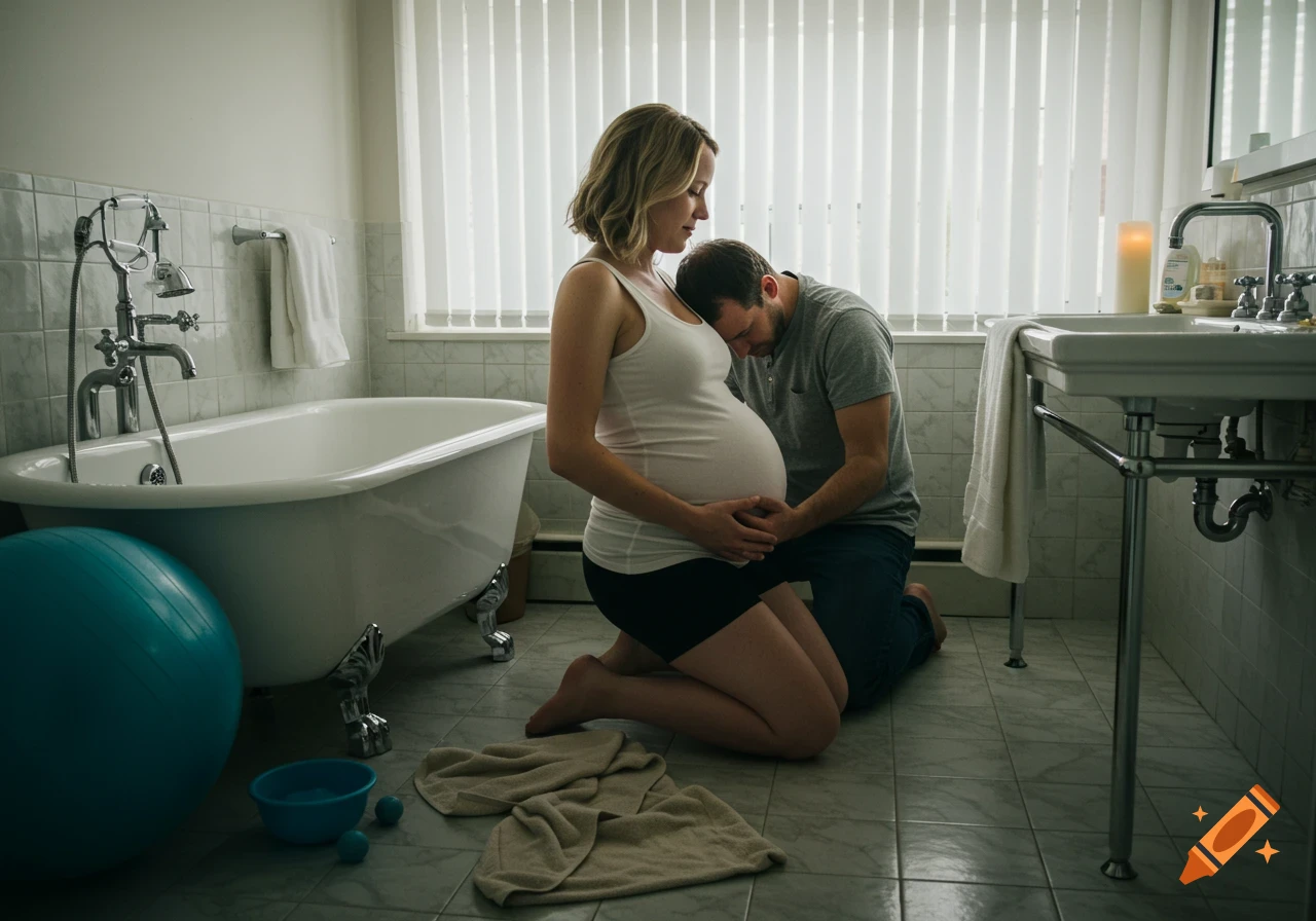 Photorealistic image of a man kneeling with his head on a pregnant woman's belly in a softly lit bathroom, suggesting a home birth.
