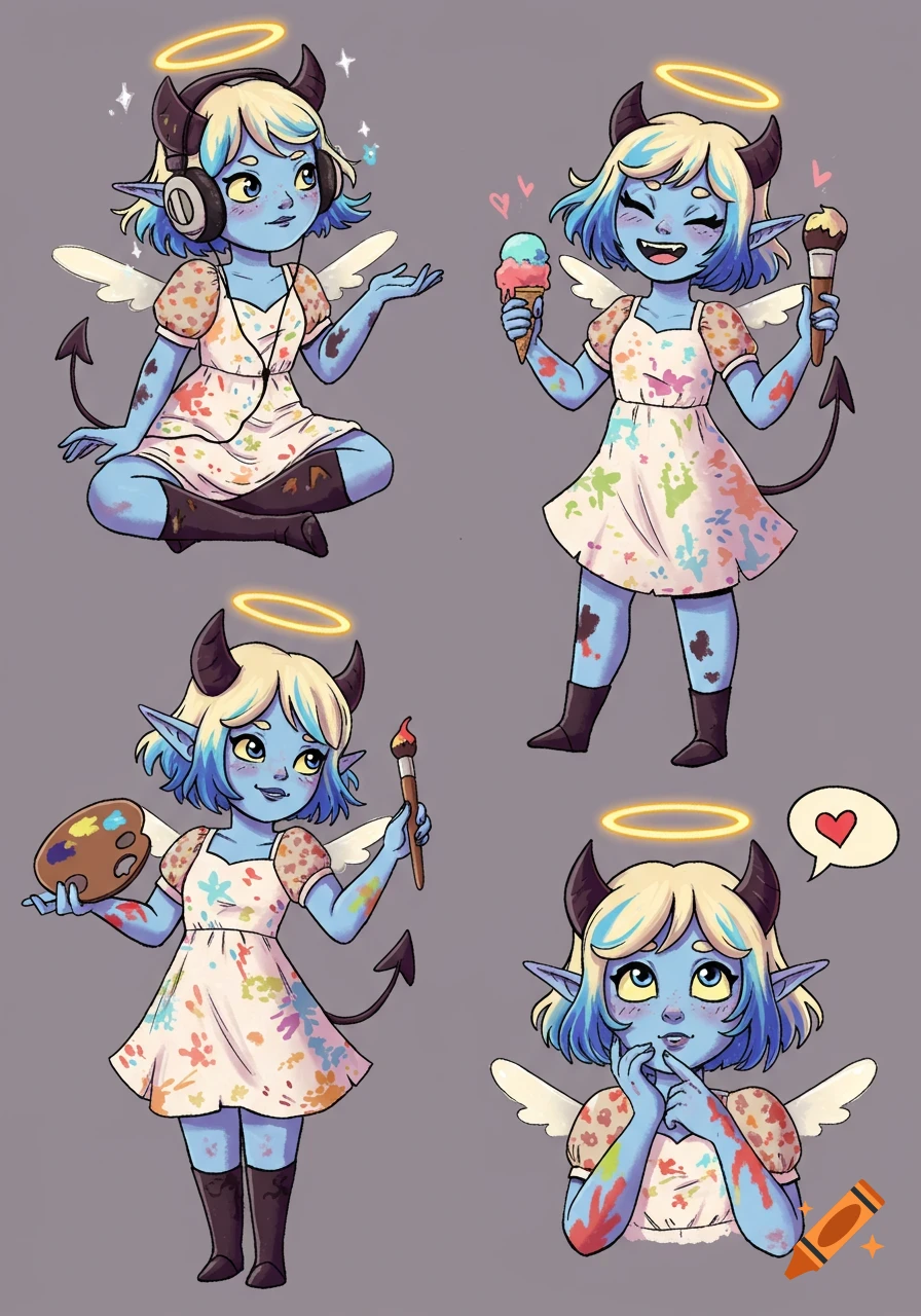 Four cute cartoon illustrations of a light blue imp with horns, tail, wings, and a halo, splattered in paint.