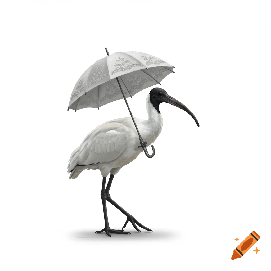 A minimalist illustration of a white Australian ibis with a black head and beak, holding a white patterned umbrella.