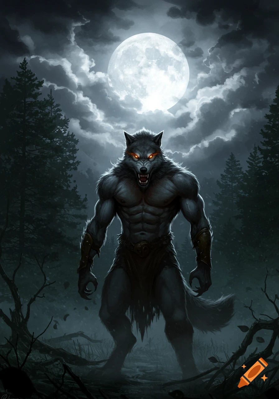 Muscular werewolf with glowing red eyes stands in a dark forest under a full moon and ominous clouds, fantasy art style.
