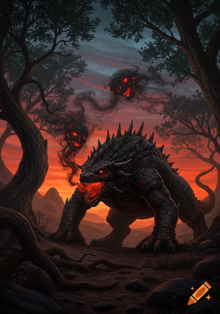 A dark fantasy art piece shows a massive, black, spiny drake with glowing red eyes exhaling shadow in a dusk forest.