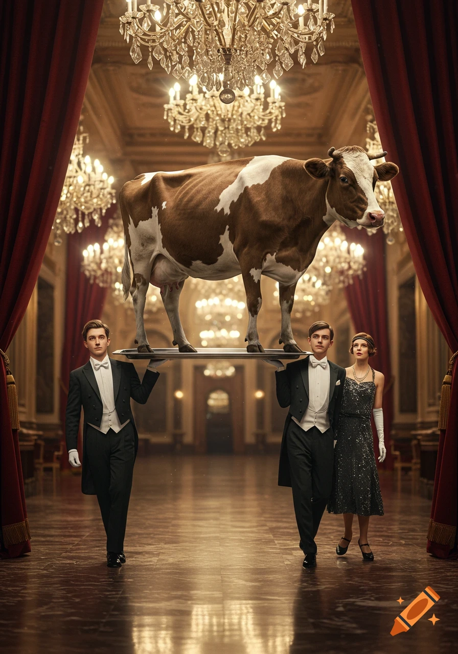 Photorealistic image of a brown and white cow on a silver platter carried by a man and woman in formal attire through a grand hall with chandeliers.