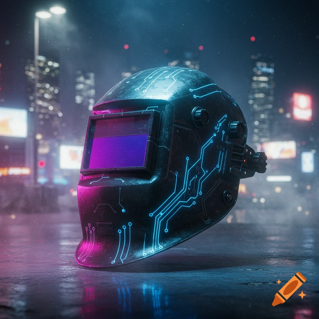 A glowing cyberpunk welding helmet with blue and pink circuits on a wet surface, neon city lights in the blurred background.