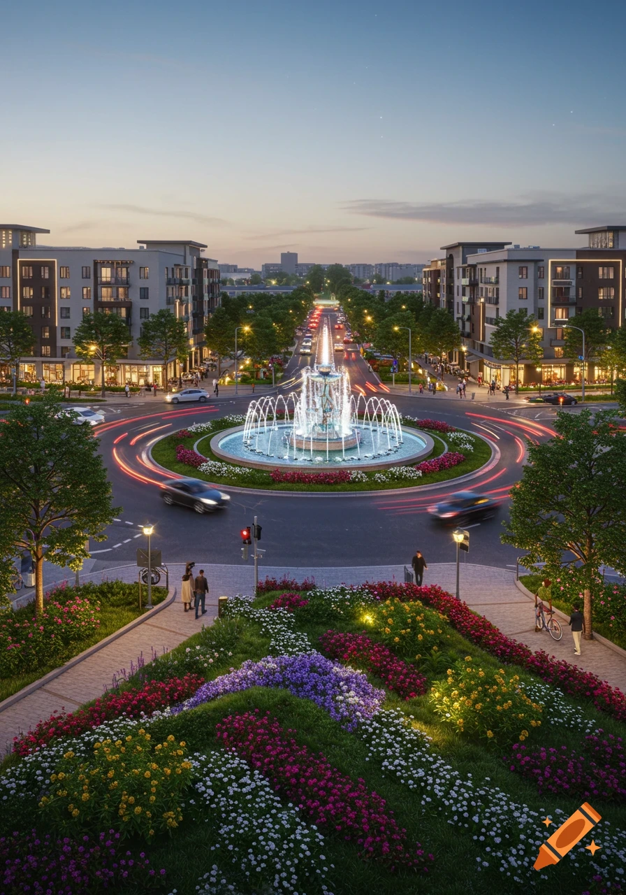 Photorealistic image of a vibrant city roundabout at dusk with a large fountain, illuminated buildings, and colorful flower beds.