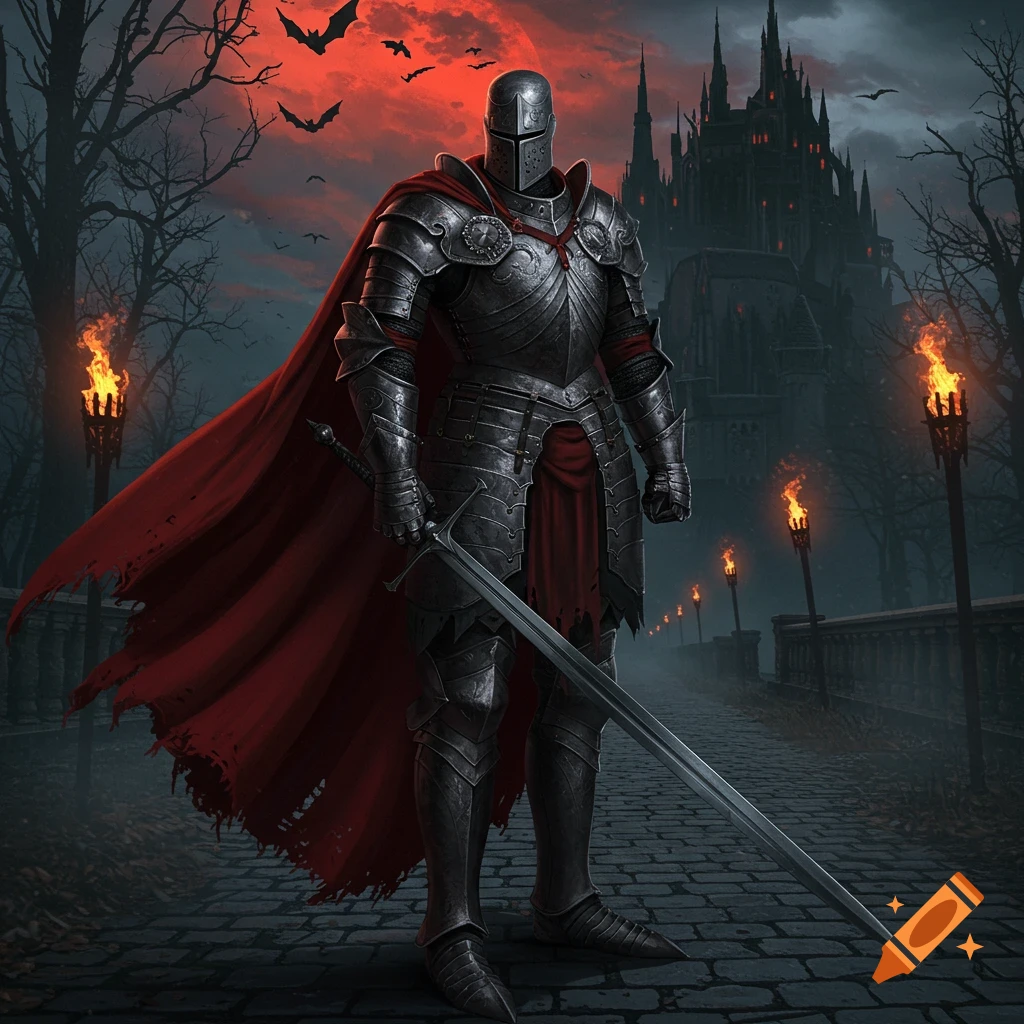 A knight in dark armor and red cape holds a sword on a cobbled path. A dark castle and torches are behind him under a red, bat-filled sky, in a dark fantasy style.