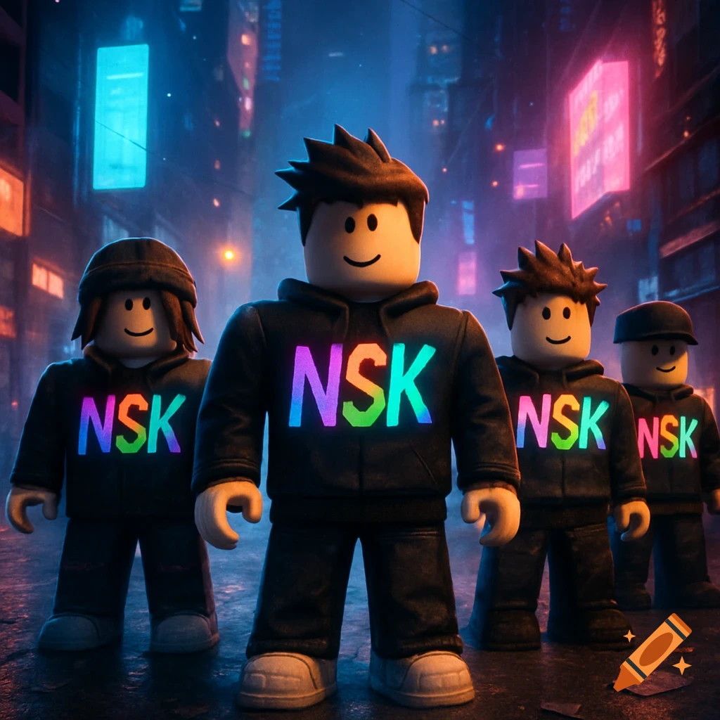 Four Roblox-style characters in black hoodies with rainbow 'NSK' text stand in a neon-lit city street.