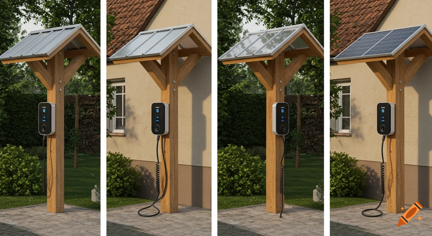 Four side-by-side photorealistic images of a rustic EV charging station with different roof types (zinc, aluminum, wood, solar panel) in a garden next to a house.