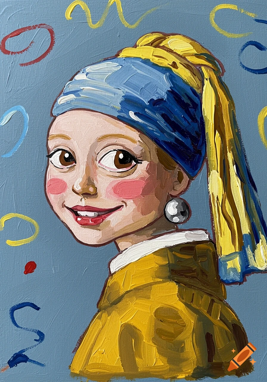 Childlike painting of a girl with a pearl earring, rendered with bold brushstrokes and a blue background.