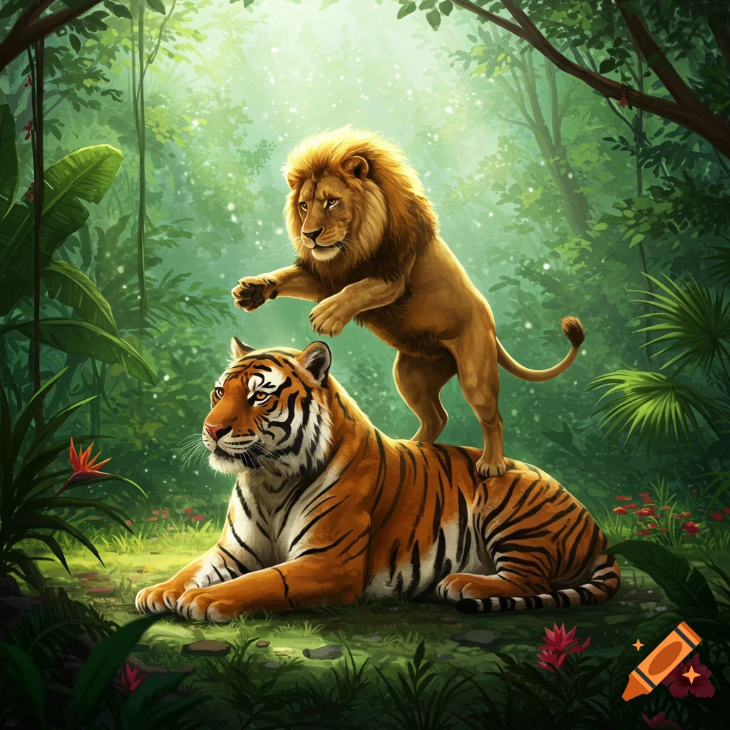 A vibrant digital painting of a golden lion standing playfully on the back of a striped Bengal tiger in a lush green jungle.