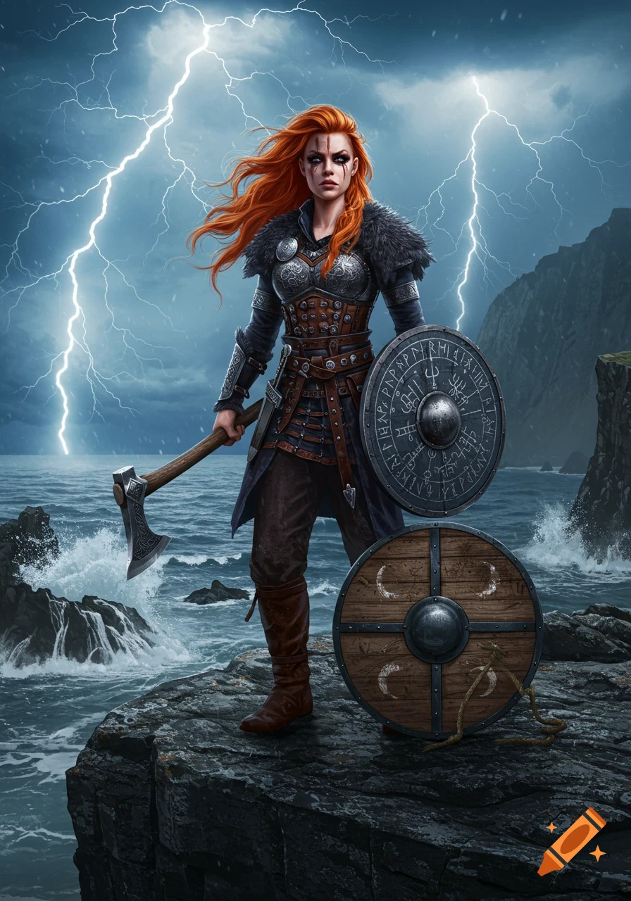 Red-haired Viking warrior in armor stands defiantly on a stormy, rocky coast, holding an axe and shield, as lightning strikes.