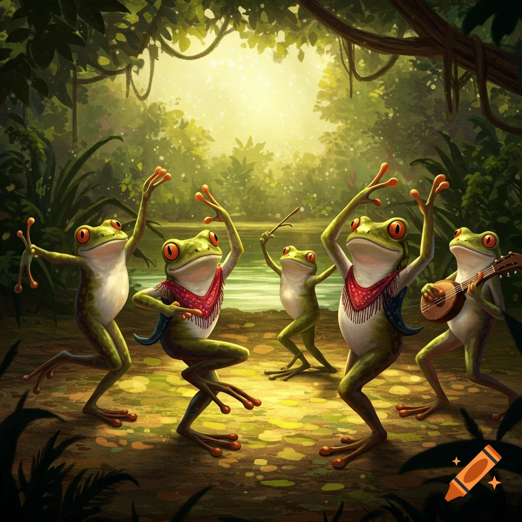 Five cheerful, stylized frogs dance in a lush jungle, one playing a banjo, another holding a stick.