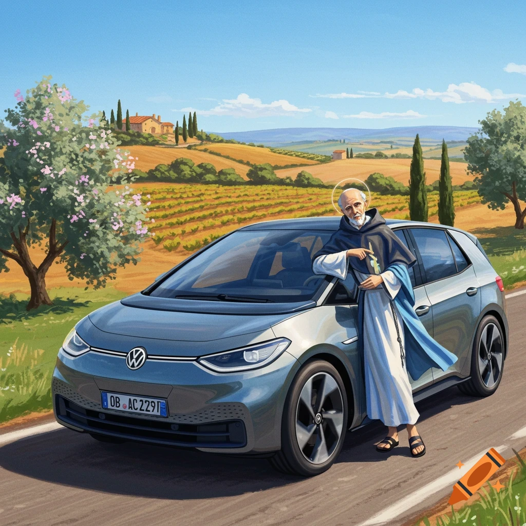 A saint with a halo leans on a grey Volkswagen ID.3 car on a road in a sunny, hilly Italian landscape with vineyards. Illustration style.