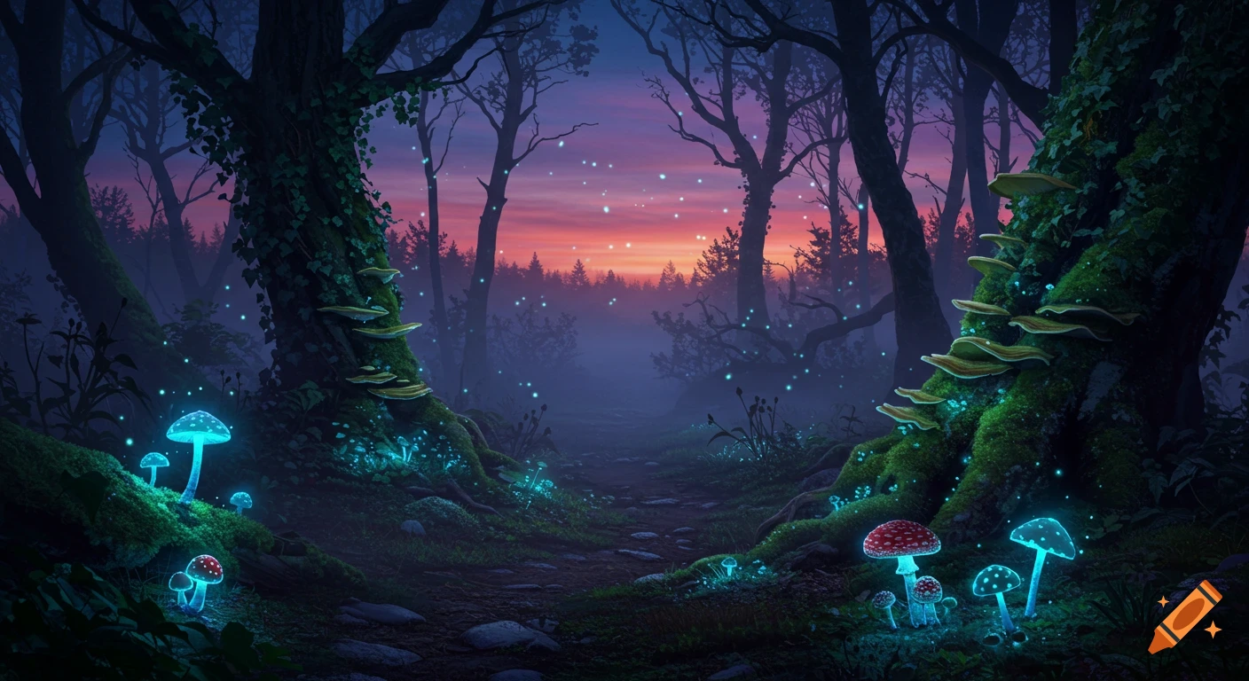 A hyper-detailed fantasy art image of a mystical forest at twilight, with glowing mushrooms, ethereal mist, and a vibrant sunset.