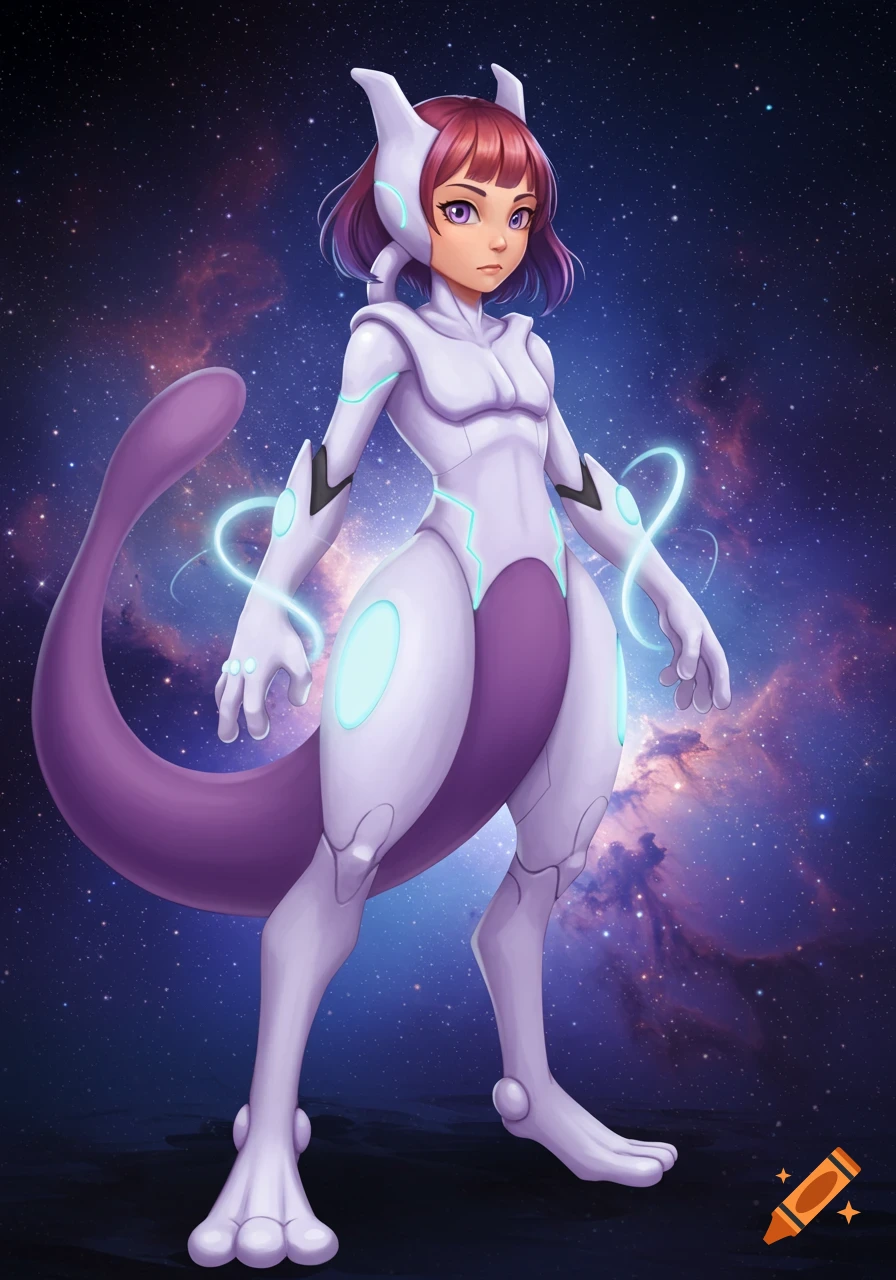 A stylized anime-style teenage girl in a white and purple Mewtwo-like suit stands against a cosmic background.