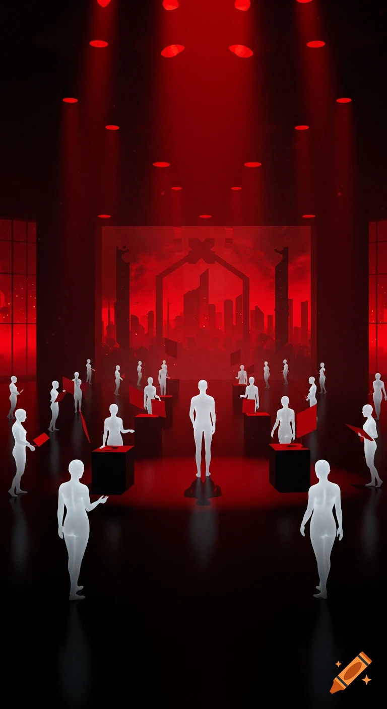 A surreal minimalist illustration of featureless white humanoids in a dark, red-lit hall with a cityscape backdrop.