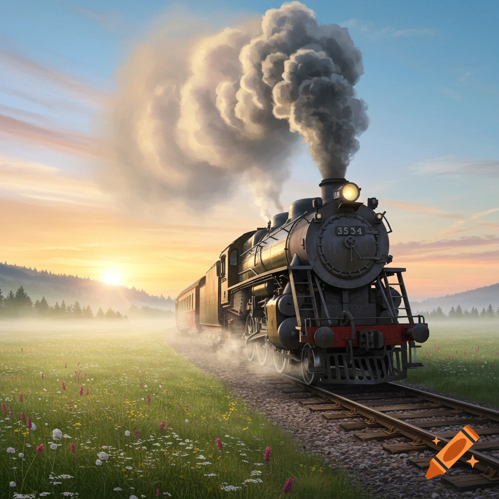 A majestic steam train with a bright headlamp and billowing smoke travels through a misty, wildflower-filled field at sunrise.