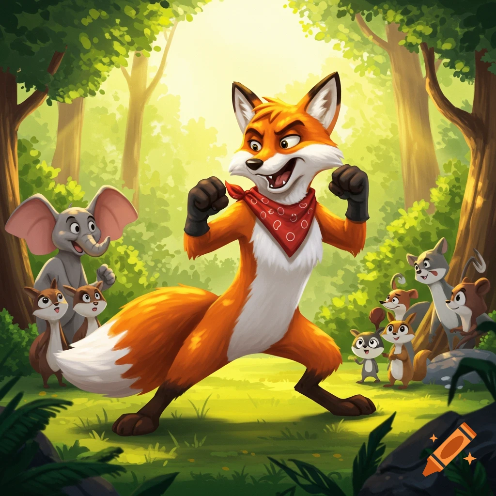 An expressive cartoon fox in a fighting stance, wearing a red bandana, surrounded by other forest animals in a sunny forest.